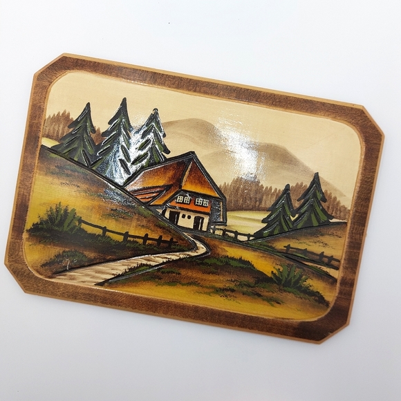 Decorative Hand Carved Wooden Plaque Cabin in the Woods - Picture 1 of 6